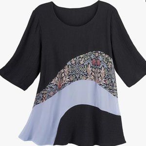 LINDI Women's Floral Swirl Tunic Top, Black & White with Floral Print